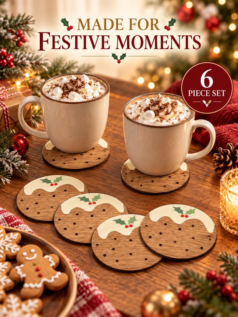6pcs/Set Christmas Themed Round Wooden Coaster, Festive Heat-Resistant Cup Mat And Table Protector For Coffee Mugs, Tea Cups And Drinks, Decorative Holiday Tableware For Kitchen, Dining Table, Christmas Party And Home Decor - View 1