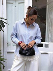 Áo blouse size lớn thanh lịch phối ren patchwork kẻ sọc tương phản màu - Màu xanh lam - Xem 1