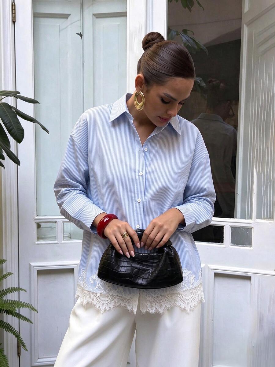 Áo blouse size lớn thanh lịch phối ren patchwork kẻ sọc tương phản màu - Màu xanh lam - Xem 1