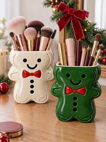 1pc Christmas Gingerbread Man Makeup Brush Holder, Cute Bow Tie Cosmetic Organizer For Lipsticks & Beauty Tools, Festive Vanity Desktop Decor - Multicolor - View 4