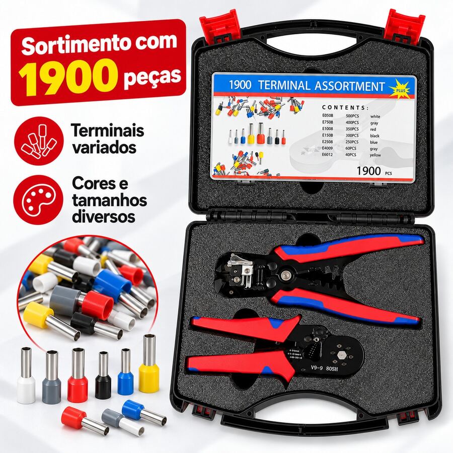 Kit de ferramentas para eletricista, incluindo 1900 terminais, alicate de crimpagem, decapador de fios e cortador de fios + caixa de armazenamento. - A - Visão 1