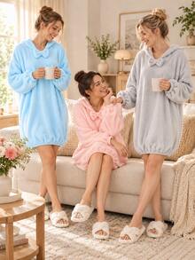 1pc Plush Fleece Bathrobe, Soft Warm Comfortable Plus Size Loungewear, Women's Long Sleeve Hooded Sleepwear, Suitable For Home Bedroom After Bath SPA Leisure Wear, Cold Mornings, Autumn/Winter - Multicolor - View 2