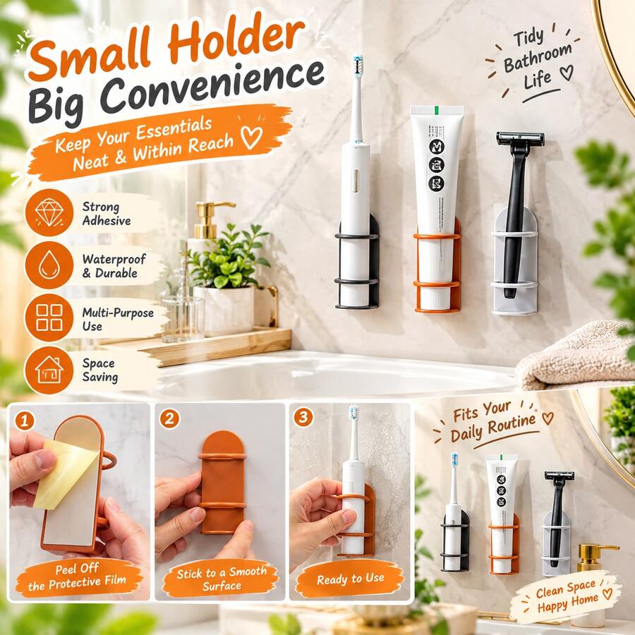 1pc Wall-Mounted Toothbrush Holder, No-Drill Bathroom Storage Rack With Razor Holder, Space-Saving Shower Caddy For Toothbrushes, Razors And Small Bathroom Essentials, Suitable For Home, RV Bathroom And Small Spaces