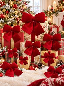 3 Sizes Red Plush Christmas Bow Decorations, Large, Medium, Small Plush Hanging Bows For Christmas Tree Top, Suitable For Christmas Tree, Wreath, Door, Fireplace Mantel, Holiday Party Home Decor, Gift Wrapping And Wedding Decoration - Red - View 7