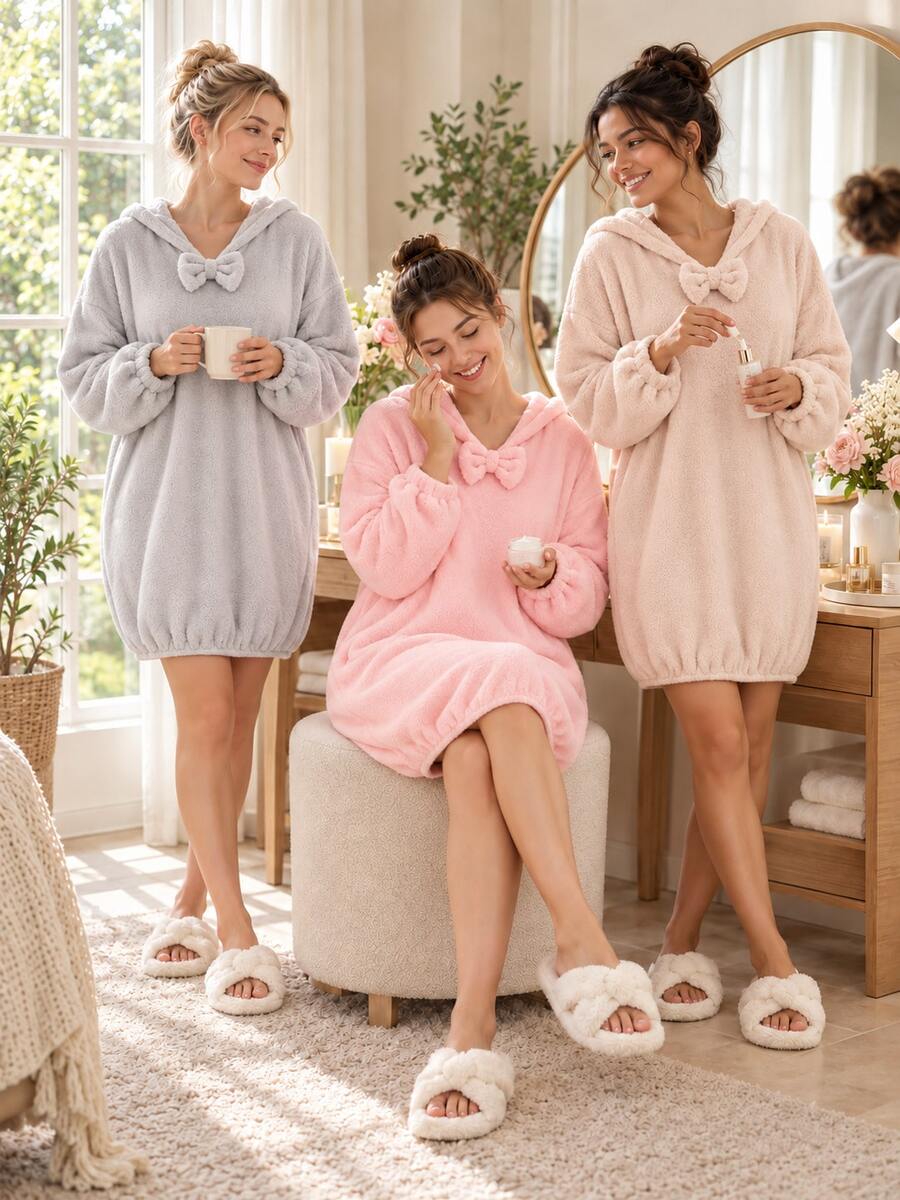 1pc Plush Fleece Bathrobe, Soft Warm Comfortable Plus Size Loungewear, Women's Long Sleeve Hooded Sleepwear, Suitable For Home Bedroom After Bath SPA Leisure Wear, Cold Mornings, Autumn/Winter - Multicolor - View 1