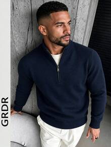 GRDR Men's Casual Long Sleeve Half-Zip Sweater, Versatile Daily Wear Knit Sweater - Navy Blue - View 1