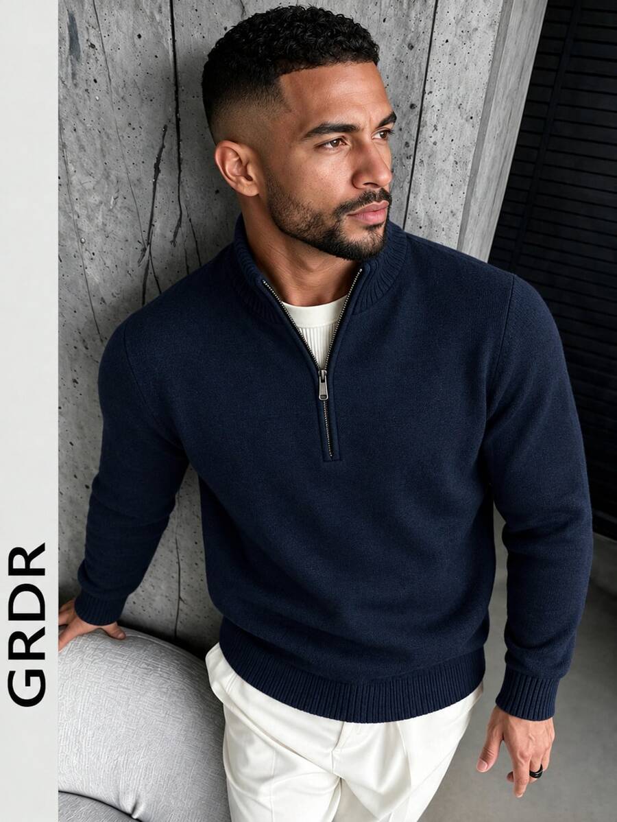 GRDR Men's Casual Long Sleeve Half-Zip Sweater, Versatile Daily Wear Knit Sweater - Navy Blue - View 1