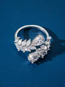 1pc Luxury Leaf & Water Drop Zirconia Open Ring For Women, Multi-Pear Shaped Sparkling Rhinestones Twisted Adjustable Finger Ring, Wedding Banquet Atmosphere Jewelry, Ramadan & Eid Gift - Silver - View 3