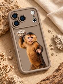 1pc Monkey Lifting Stone Phone Case, Cute Animal Print Coffee Color Protective Shell, Funny Quirky Phone Accessory Compatible With IPhone 18 Pro Max/18 Pro/17/16/15/14/13/12/11/Pro/Pro Max/X/XR/XS/XS Max/7/8/Plus, /Honor - Khaki - View 2