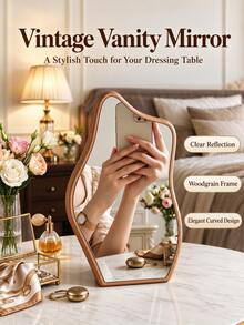 1pc Walnut Color Asymmetrical Desktop Vanity Mirror, Clear Imaging, Wavy Wood Grain Frame, Elegant Bedroom And Dressing Table Decor, Christmas, Birthday And Housewarming Gift - Multicolor - View 5