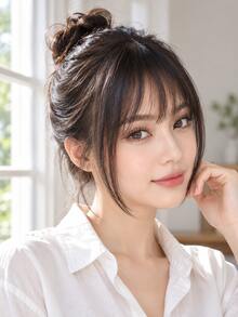 1pc Natural-Look Synthetic Fiber Clip-In Bangs, Wispy Air Fringe Hairpiece With Side Pieces, Korean Style For Daily Party Cosplay - Black - View 5