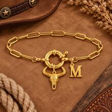 1pc Classic Fashion Letter Design Western Cowboy Bull Head Gold Stainless Steel Paperclip Chain Bracelet For Women - Yellow Gold - View 3