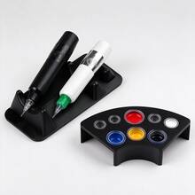 Pure Black Tattoo Machine Pen Dual Support Bracket & Curved 8-Hole Ink Cup Holder Set, Desktop Tattoo Tool Storage Rack, Suitable For Tattoo Shops And Personal Tattoo Practice - View 1