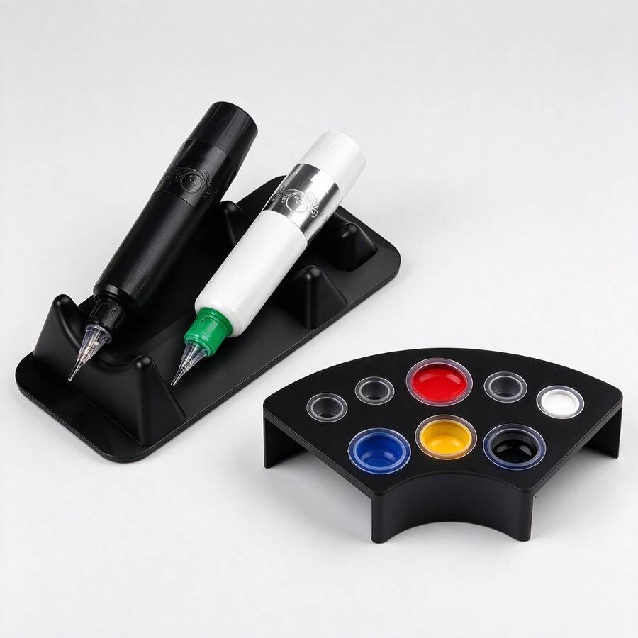 Pure Black Tattoo Machine Pen Dual Support Bracket & Curved 8-Hole Ink Cup Holder Set, Desktop Tattoo Tool Storage Rack, Suitable For Tattoo Shops And Personal Tattoo Practice - View 1