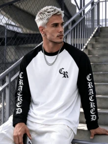 American Style Black & White Raglan Long Sleeve T-Shirt, Gothic Letter Print Vintage Contrast Color Patchwork Loose Fit Long Sleeve Top - Black - View 2