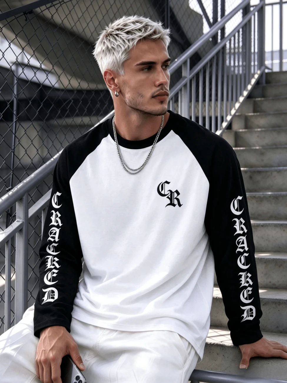 American Style Black & White Raglan Long Sleeve T-Shirt, Gothic Letter Print Vintage Contrast Color Patchwork Loose Fit Long Sleeve Top - Black - View 1