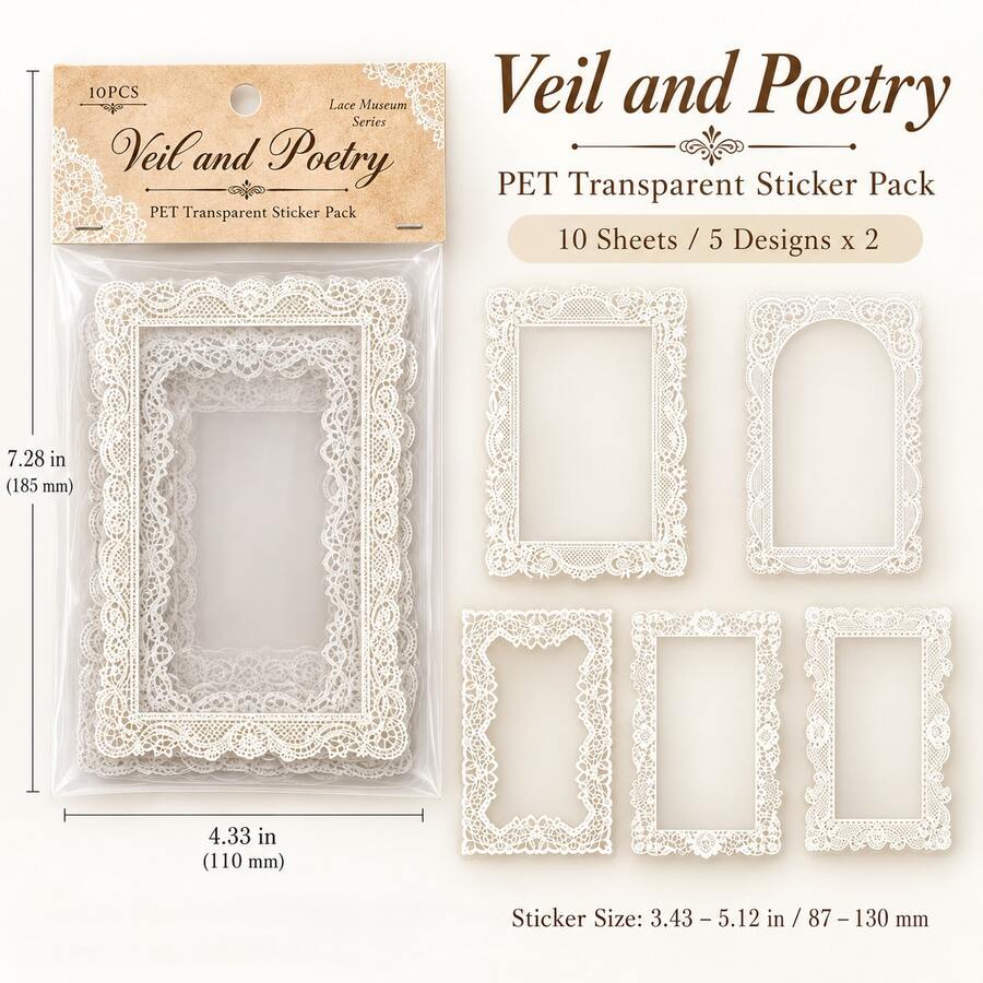 Lace Museum Series PET Sticker Pack, European Hollow Lace Frame Stickers, Semi-Transparent Background Border Elements, Scrapbook Material Stickers, DIY Decorative Stickers - Multicolor - View 1
