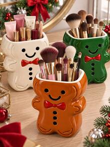 1pc Christmas Gingerbread Man Makeup Brush Holder, Cute Bow Tie Cosmetic Organizer For Lipsticks & Beauty Tools, Festive Vanity Desktop Decor - Multicolor - View 2