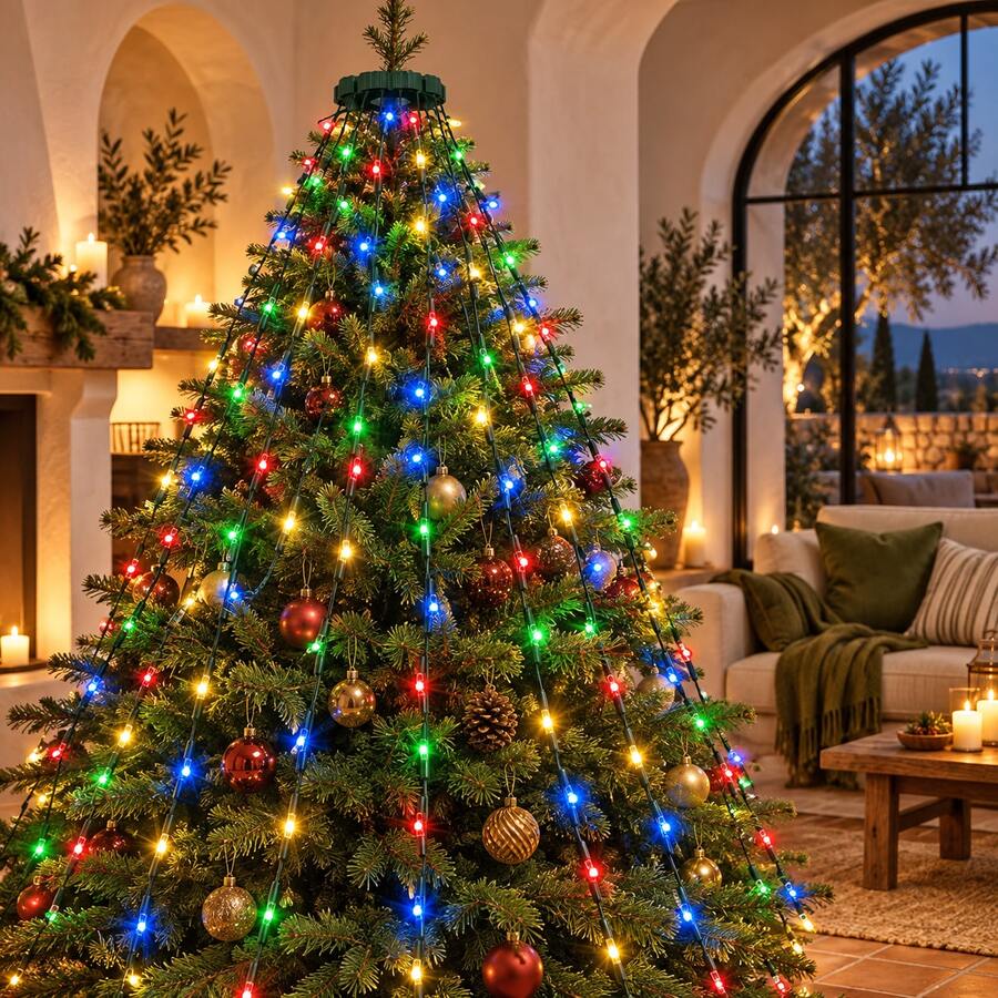 USB Powered Christmas Tree Wrap String Lights, Pre-Attached Green Cable LED Waterfall Lights, Warm White Glow, 8 Lighting Modes, Quick Install Hanging Fairy Lights For Xmas Tree Indoor Holiday Home Party Decoration