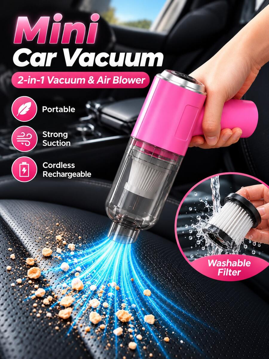 YAIUZGOO Portable Mini Car Vacuum Cleaner, 2-In-1 Handheld Vacuum & Air Blower, Cordless Rechargeable Dust Cleaner With Multiple Nozzles, Wet & Dry Cleaning Tool For Car Interior, Home, Keyboard, Sofa And More, Compact Car Essentials