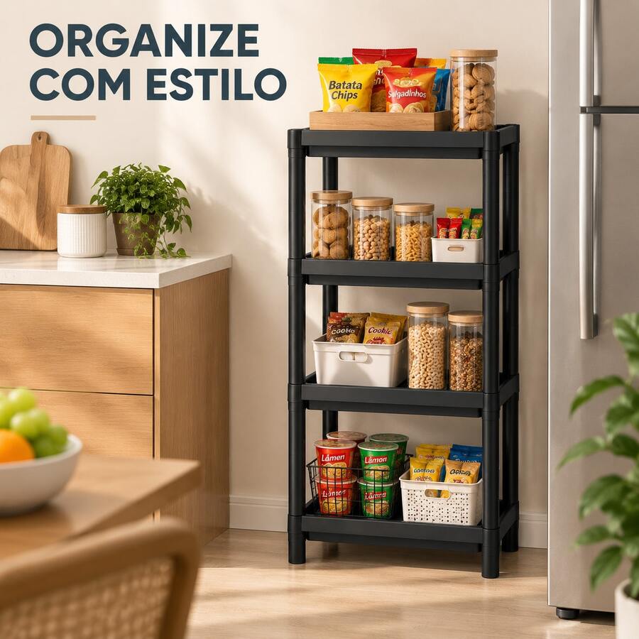 1 Prateleira Organizadora de 4 Andares em Plástico Preto, Estante Multiuso para Banheiro, Cozinha e Lavanderia, Estrutura Robusta e Estável, Design Vazado, Fácil de Montar, 100cm de Altura, Ideal para Organização de Primavera e Mudança de Casa - Grande Preto - Visão 1