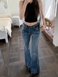 YEAE | 設計師漸層不貼身喇叭牛仔褲 女款 2025 新款彈性顯瘦長褲喇叭褲 休閒秋季 - 中等水洗藍 - 查看 2