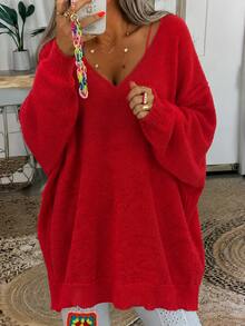 大尺碼女款純色V領套頭長袖針織毛衣，輕盈柔軟慵懶寬鬆版型，適合居家、戶外、休閒與半正式場合，適中厚度舒適穿著，秋季百搭時尚羅紋針織大尺碼女款長袖V領套頭毛衣 - 紅色 - 查看 8