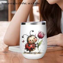 1pc/5pcs 12oz Watercolor Spring Cartoon Ladybug Tulip Insulated Egg-Shaped Tumbler, Stainless Steel Travel Mug With Clear Lid, Portable Reusable Drinkware - Multi-color - Ladybug - View 5