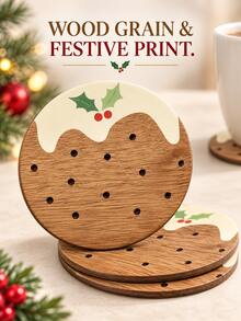 6pcs/Set Christmas Themed Round Wooden Coaster, Festive Heat-Resistant Cup Mat And Table Protector For Coffee Mugs, Tea Cups And Drinks, Decorative Holiday Tableware For Kitchen, Dining Table, Christmas Party And Home Decor - View 3