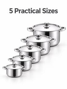 5 Pots And 5 Lids Stainless Steel Cookware Set, 10-Piece Silver Kitchen Set With Five Pot Sizes, Riveted Side Handles And Dome Lid Knobs For Preparing Soups, Stews, Pasta And Vegetables For Family Meals At Home,Kitchen,Pots And Pans Set - View 7