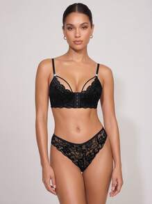 Cheekology 1 Set Lace Patchwork Front Closure Sexy Lingerie Bra And Panty Set For Women - Black - View 2