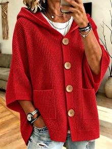 Plus Size Women's Waffle Knit Hooded Cardigan, Front Button Short Sleeve Loose Casual Textured Sweater Jacket, Autumn Daily Layering Outerwear - Red - View 6
