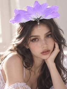 Purple Feather Pearl Teardrop Crystal Crown Headband Photoshoot Party Hair Decor - Multicolor - View 1