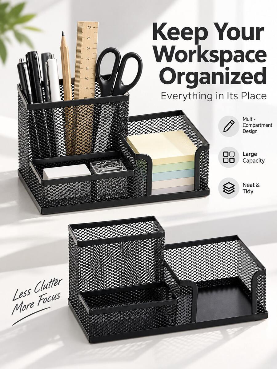 Metal Mesh Desktop Organizer, Large Capacity, Multi-Compartment, Categorized Storage, Suitable For Study Office, Home Countertop, Workstation Organization, Can Be Used As Christmas Gift, Store Pens, Tickets And Miscellaneous Stationery - Multicolor - View 1