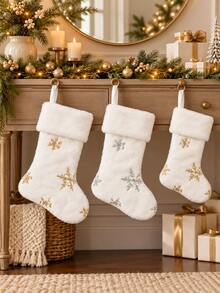 1pc White Christmas Stocking, Glitter Snowflake Plush Large Christmas Hanging Stocking Decoration With Name Tag, Suitable For Christmas Holiday Home Party Decoration - Multicolor - View 1