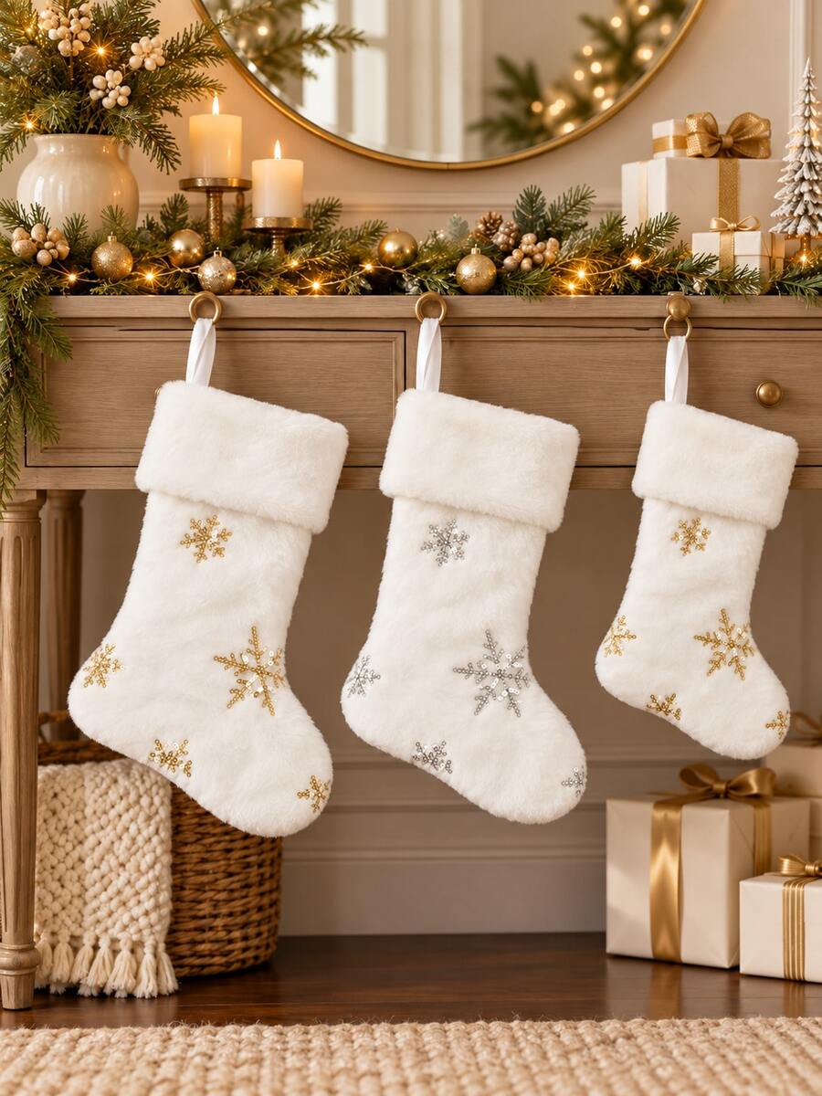 1pc White Christmas Stocking, Glitter Snowflake Plush Large Christmas Hanging Stocking Decoration With Name Tag, Suitable For Christmas Holiday Home Party Decoration - Multicolor - View 1