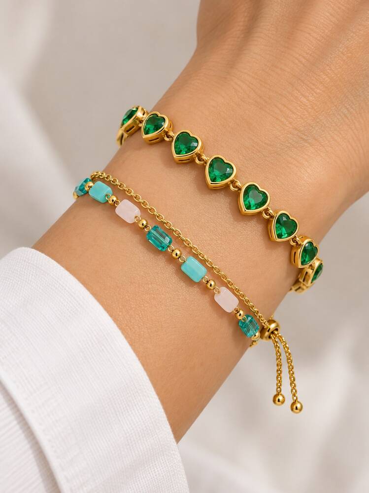 Women's Gold & Green Heart Bracelet, Heart Bracelet With Green Gemstone And Delicate Chain Design, Double Layer Stacked Style Creating Sweet Luxury Women's Jewelry. Colorful Beaded Bracelet Combined With Gold Round Bead Elements, Suitable For Daily, Dating, Travel, Vacation Wear. Fashion Women Bracelet Jewelry, Suitable As Birthday Gift, Holiday Gift And Commemorative Gift. - Multicolor - View 7