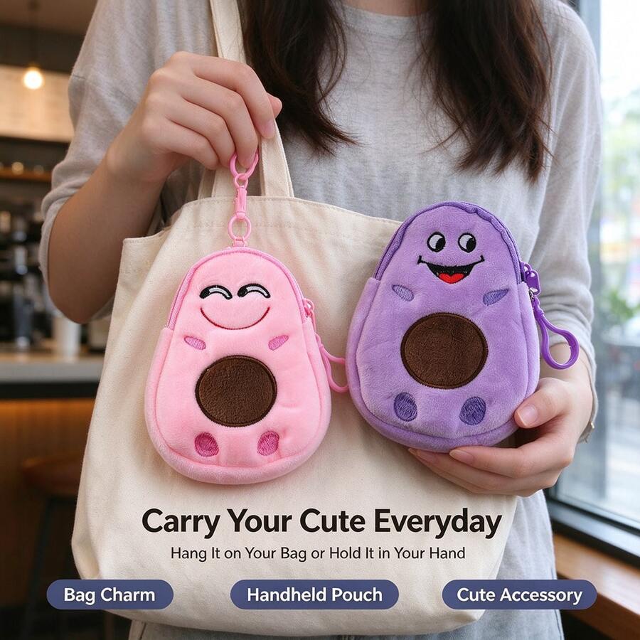 1pc Cute Cartoon Avocado Plush Coin Purse, Funny Expression Small Change Pouch, Mini Zipper Wallet, Backpack Charm Keychain Accessory - Multicolor - View 1