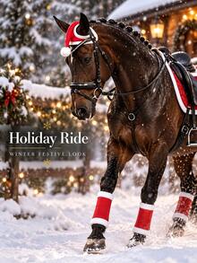2026 New Christmas Horse Leg Wraps + Hat Set - Festive Red & Green Equestrian Boots & Ear Bonnet For Holiday Parades, Riding & Parties, Breathable Fleece-Lined Protection - Multiple Styles - View 1