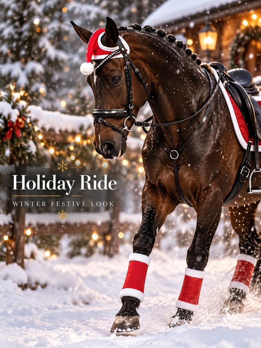 2026 New Christmas Horse Leg Wraps + Hat Set - Festive Red & Green Equestrian Boots & Ear Bonnet For Holiday Parades, Riding & Parties, Breathable Fleece-Lined Protection - Multiple Styles - View 1