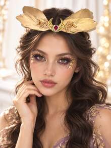 Purple Feather Pearl Teardrop Crystal Crown Headband Photoshoot Party Hair Decor - Multicolor - View 2