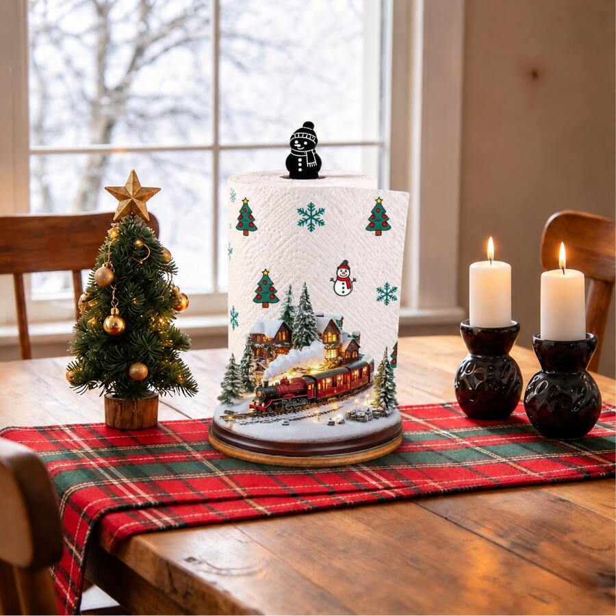 1pc Christmas Snowy Village Steam Train Paper Towel Holder, Acrylic Material Vertical Roll Paper Storage Rack, Kitchen Dining Table Decor Ornament, Easy Installation, Suitable For Christmas Party Home Room Decoration (Paper Towel Not Included) - A - View 1