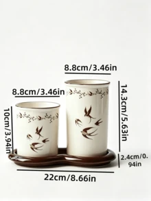 1PC Vintage Swallow Ceramic Chopstick Holder Set With Dual Cup Tray, Draining Chopstick Basket, Kitchen Utensil Storage Holder For Knives, Forks, Spoons, Retro Tableware Organizer - Multicolor - View 9