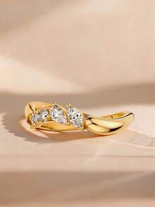 3pcs 18K Gold Plated Luxury Pear-Shaped Gemstone Rings, V-Shaped Twisted Teardrop Ring, Diamond Cluster Ring, Exquisite Holiday Party Gift For Women - Yellow Gold - View 24