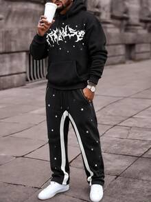 Fractyr American Street Style svartvit kontrast hoodie med stjärnmönster + vida mjukisbyxor med dragsko, casual set för herrar - Svart - Visa 1