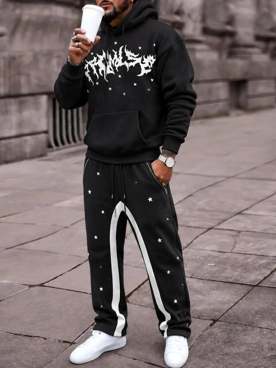Fractyr American Street Style svartvit kontrast hoodie med stjärnmönster + vida mjukisbyxor med dragsko, casual set för herrar - Svart - Visa 1