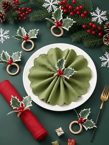 4-12pcs Christmas Holly Red Berry Napkin Rings, Natural Woven Vine Rings, Holiday Table Decor Napkin Holders - Multicolor - View 8
