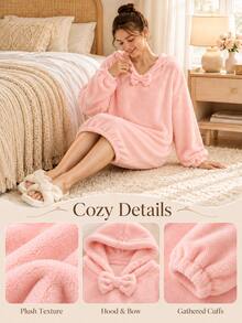1pc Plush Fleece Bathrobe, Soft Warm Comfortable Plus Size Loungewear, Women's Long Sleeve Hooded Sleepwear, Suitable For Home Bedroom After Bath SPA Leisure Wear, Cold Mornings, Autumn/Winter - Multicolor - View 6