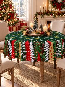 1 cái khăn trải bàn cây thông Noel màu xanh đậm in họa tiết cây thông, bông tuyết màu đỏ, trắng và vàng, chất liệu polyester, khăn phủ bàn ăn trang trí cho bữa tối lễ hội, tiệc Giáng sinh và trang trí bếp mùa đông - Nhiều màu - Xem 5