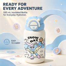 QWE Portable Insulated Water Bottle 550ML 304 Stainless Steel Body 316 Inner Liner PP Lid Silicone Straw Cartoon Pattern - Baby Blue - View 5